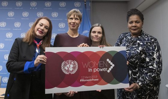 General Assembly President María Fernanda Espinosa Garcés (left) with (from left to right): President Kersti Kaljulaid of Estonia; Prime Minister Katrín Jakobsdóttir of Iceland; and President Paula-Mae Weekes of Trinidad and Tobago, following their press briefing on the high-Level event on ‘Women in Power’.